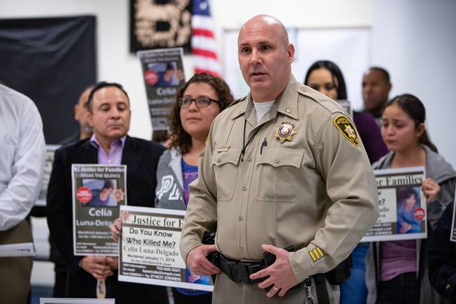 Metro Police Lt Hector Cintron speaks during a Justice for Families press conference for the unsolved murder of Celia Luna-Delgado Thursday, Feb. 14, 2019. Luna-Delgado was killed during a robbery by two suspects who have still not been apprehended. Anyone with tips can call (702) 828-3521, email homicide@lvmpd.com or text CRIMENV along with tip to 274637 (CRIMES).