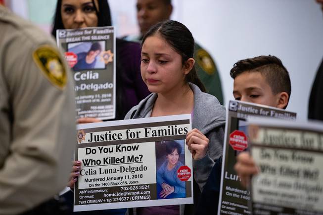 Natalia Gamez, 14, cries during a Justice for Families press conference for the unsolved murder of her grandmother Celia Luna-Delgado Thursday, Feb. 14, 2019. Luna-Delgado was killed during a robbery by two suspects who have still not been apprehended. Anyone with tips can call (702) 828-3521, email homicide@lvmpd.com or text CRIMENV along with tip to 274637 (CRIMES).