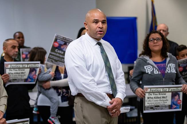 Metro Police Lt Ray Spencer speaks during a Justice for Families press conference for the unsolved murder of Celia Luna-Delgado Thursday, Feb. 14, 2019. Luna-Delgado was killed during a robbery by two suspects who have still not been apprehended. Anyone with tips can call (702) 828-3521, email homicide@lvmpd.com or text CRIMENV along with tip to 274637 (CRIMES).