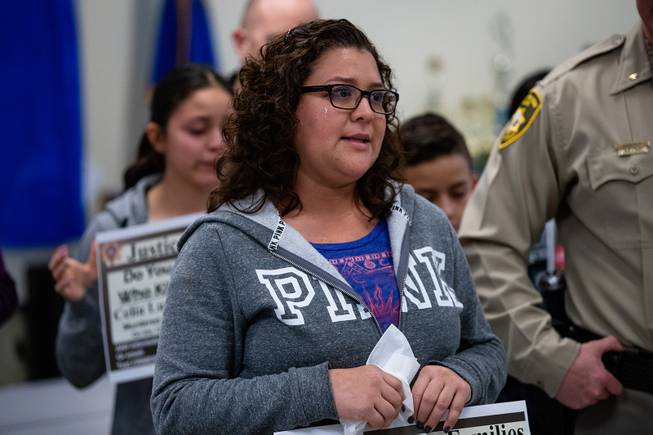 Sheyla Padilla speaks at a news conference for the unsolved murder of her mother, Celia Luna-Delgado Thursday, Feb. 14, 2019. 