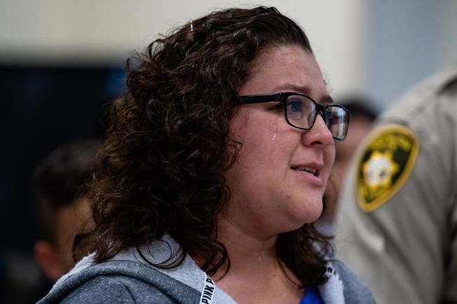 Sheyla Padilla speaks during a Justice for Families press conference for the unsolved murder of her mother Celia Luna-Delgado Thursday, Feb. 14, 2019. Luna-Delgado was killed during a robbery by two suspects who have still not been apprehended. Anyone with tips can call (702) 828-3521, email homicide@lvmpd.com or text CRIMENV along with tip to 274637 (CRIMES).