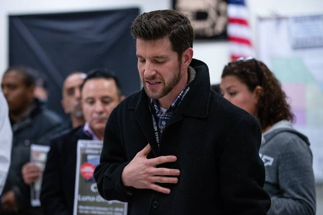 Liberty Baptist Church pastor Neal Berkley leads a prayer during a Justice for Families press conference for the unsolved murder of Celia Luna-Delgado Thursday, Feb. 14, 2019. Luna-Delgado was killed during a robbery by two suspects who have still not been apprehended. Anyone with tips can call (702) 828-3521, email homicide@lvmpd.com or text CRIMENV along with tip to 274637 (CRIMES).