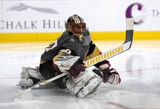 Vegas Golden Knights goaltender Malcolm Subban (30) stretches before the start of the second period against the Nashville Predators at T-Mobile Arena Saturday, Jan. 16, 2019.