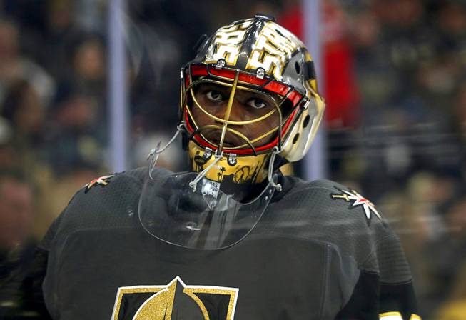 Vegas Golden Knights goaltender Malcolm Subban (30) skates during a break in the second period against the Nashville Predators at T-Mobile Arena Saturday, Jan. 16, 2019.
