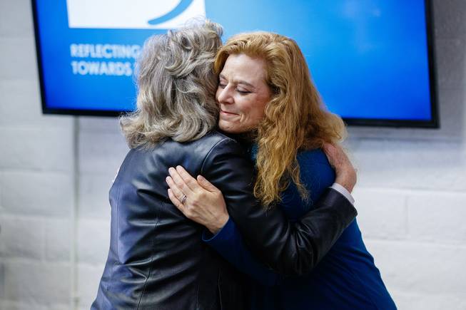 Executive Director Daniele Staple hugs Rep. Dina Titus (D-NV 1st District) speaks during a ribbon cutting ceremony for the new Rape Crisis Center Tuesday, Feb. 19, 2019.