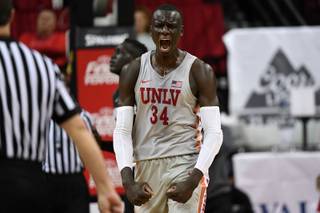 UNLV Rebels forward Cheikh Mbacke Diong (34) reacts after drawing a foul on the San Diego State Aztecs during their Mountain West Conference basketball game Saturday, February 23, 2019, at the Thomas & Mack Center.