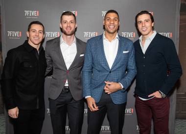 From left, Jonathan Marchessault, Adam Coates, Ryan Reaves and Marc-Andre Fleury celebrate the launch of 7Five Brewing Co. at Hyde Bellagio on February 23.