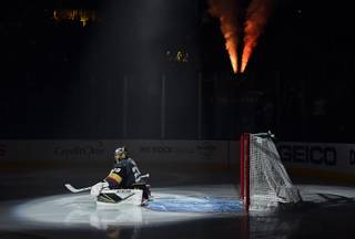 Vegas Golden Knights goaltender Marc-Andre Fleury is introduced before the start of an NHL hockey game against the Vancouver Canucks Sunday, March 3, 2019, in Las Vegas.