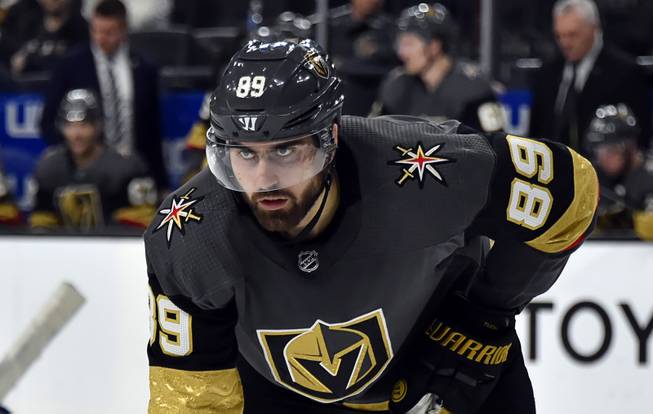 Vegas Golden Knights right wing Alex Tuch (89) looks on during the second period of an NHL hockey game against the Vancouver Canucks Sunday, March 3, 2019, in Las Vegas.