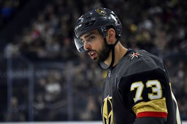 Vegas Golden Knights center Brandon Pirri (73) looks on during the second period of an NHL hockey game against the Vancouver Canucks Sunday, March 3, 2019, in Las Vegas.