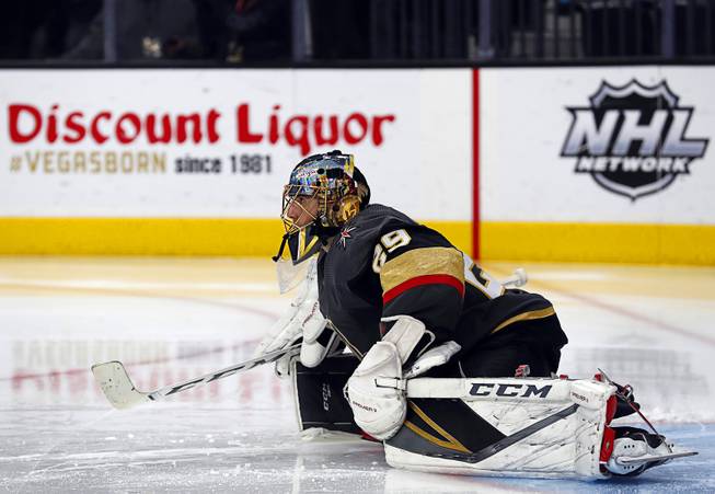 Vegas Golden Knights goaltender Marc-Andre Fleury (29) stretches before the start of the second period at T-Mobile Arena Wednesday, April 6, 2019.