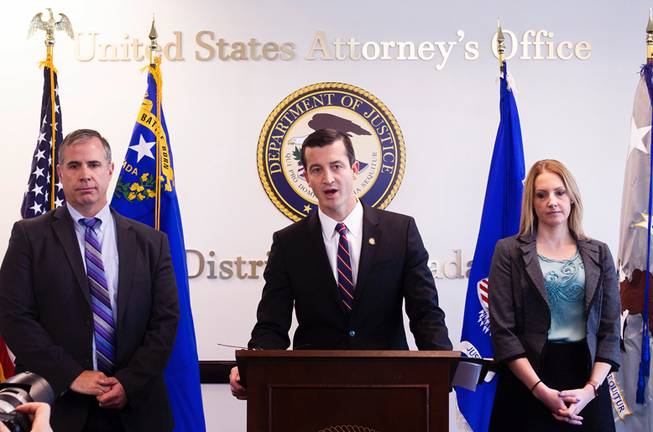 From left, Ray Johnson, assistant special agent in charge  of the FBI Las Vegas office, Nicholas A. Trutanich, U.S. Attorney for the Nevada, and Tara Sullivan, special agent in charge of IRS criminal investigations, discuss a wire fraud case against former state Senate Majority Leader Kelvin Atkinson during a news conference at the U.S. Attorney's Office on Monday, March 11, 2019.