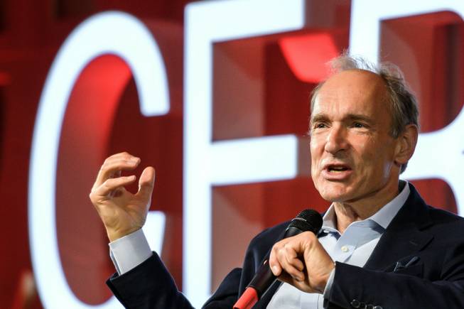 English computer scientist Tim Berners-Lee, best known as the inventor of the World Wide Web, delivers a speech during an event at the CERN in Meyrin near Geneva, Switzerland, Tuesday March 12, 2019 marking 30 years of World Wide Web. (Fabrice Coffrini/Pool, Keystone via AP)