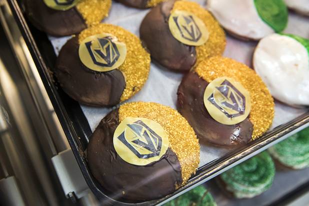Vegas Golden Knights black and white cookies are displayed at Great Buns Bakery, 3270 E. Tropicana Ave., Thursday, March 14, 2019. The family-owned bakery has been operating in Las Vegas since 1982.