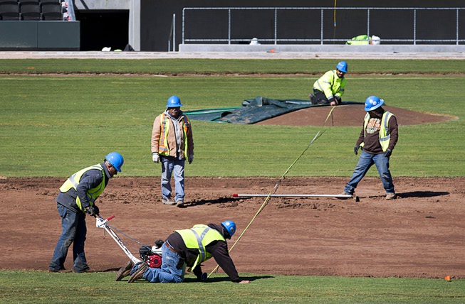 Workers cut sod in the infield at the Las Vegas ...