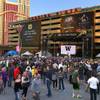Fans gather in Toshiba Plaza before the Pac-12 Men's Basketball Tournament championship game between the Washington Huskies and the Oregon Ducks Saturday, March 16, 2019, at T-Mobile Arena in Las Vegas. 