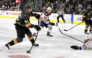 Vegas Golden Knights center Jonathan Marchessault (81) scores a goal against the Edmonton Oilers during the second period of an NHL hockey game Sunday, March 17, 2019, in Las Vegas. 