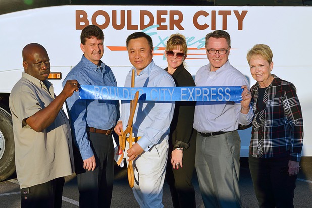 Attendees, from left, bus driver Reginald Brooks, Boulder City Mayor Rod Woodbury, Boulder City Express CEO David Huang, Boulder City Chamber of Commerce CEO Jill Lagan, David Lusvardi, vice president for public relations for Boulder City Express and Boulder City Councilwoman Peggy Leavitt are shown during a celebration for the launch of the Boulder City Express shuttle service between Las Vegas and Boulder City at Chilly Jilly'z restaurant at 1680 Boulder City Parkway in Boulder City on Monday, March 18, 2019.