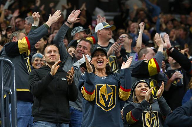Vegas Golden Knights celebrate a goal in the second period at T-Mobile Arena Thursday, March 21, 2019.
