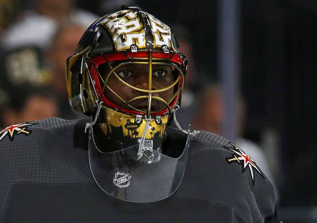 Vegas Golden Knights goaltender Malcolm Subban (30) is shown in the second period during a game against the Winnipeg Jets at T-Mobile Arena Thursday, March 21, 2019.