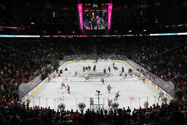 Players warm up before a game between the Vegas Golden Knights and the Detroit Red Wings at T-Mobile Arena Saturday, March 23, 2019.