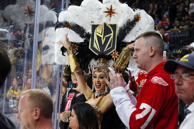 A Vegas Belle cheers during warm-ups before a game against the Detroit Red Wings at T-Mobile Arena Saturday, March 23, 2019.