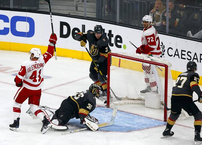Detroit Red Wings center Luke Glendening (41) celebrates after scoring past Vegas Golden Knights goaltender Malcolm Subban (30) during the first period at T-Mobile Arena Saturday, March 23, 2019. 