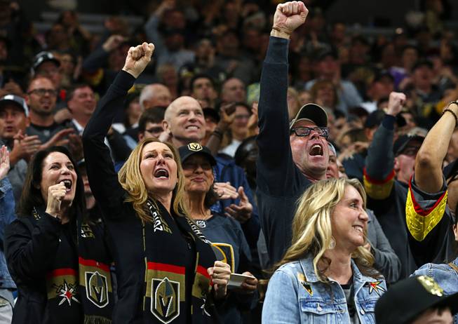 Fans cheer a goal by Vegas Golden Knights right wing Reilly Smith (19) during the third period against the Detroit Red Wings at T-Mobile Arena Saturday, March 23, 2019.