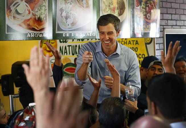 Democratic presidential candidate Beto O'Rourke of Texas takes questions from supporters during a campaign stop at Arandas Taqueria on North Nellis Boulevard Sunday, March 24, 2019.
