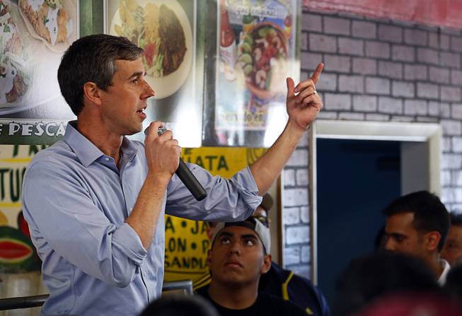 Democratic presidential candidate Beto O'Rourke of Texas speaks during a campaign stop at Arandas Taqueria on North Nellis Boulevard Sunday, March 24, 2019.