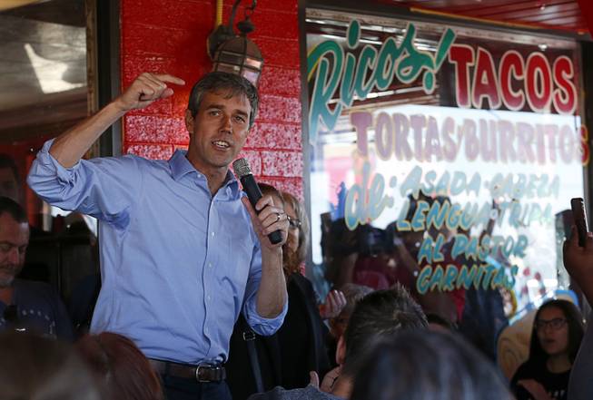 Democratic presidential candidate Beto O'Rourke of Texas speaks during a campaign stop at Arandas Taqueria on North Nellis Boulevard Sunday, March 24, 2019.