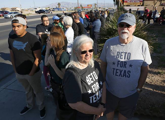 Donna Woods-Stellman and husband Felix Stellman, visiting from Galveston, Texas, wait for Democratic presidential candidate Beto O'Rourke at Arandas Taqueria on North Nellis Boulevard Sunday, March 24, 2019.
