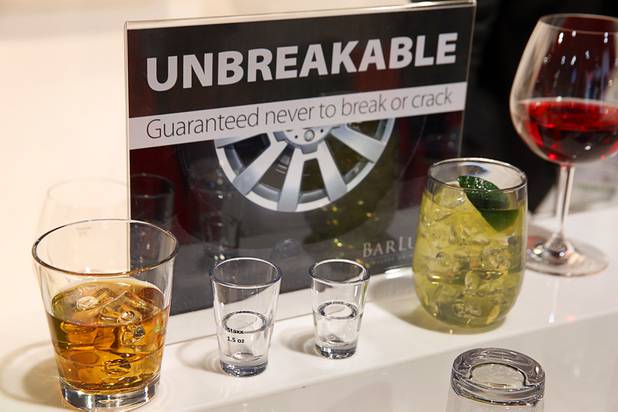 Virtually unbreakable BarLuxe glasses made of Eastman Tritan are displayed during the Nightclub & Bar Convention and Trade Show at the Las Vegas Convention Center Tuesday, March 26, 2019. Unlike polycarbonate glasses, the glasses won't discolor after repeated washing.