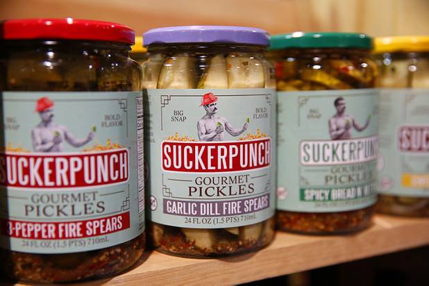Suckerpunch Pickles are displayed during the Nightclub & Bar Convention and Trade Show at the Las Vegas Convention Center Tuesday, March 26, 2019. The company also makes a gourmet Bloody Mary mix.