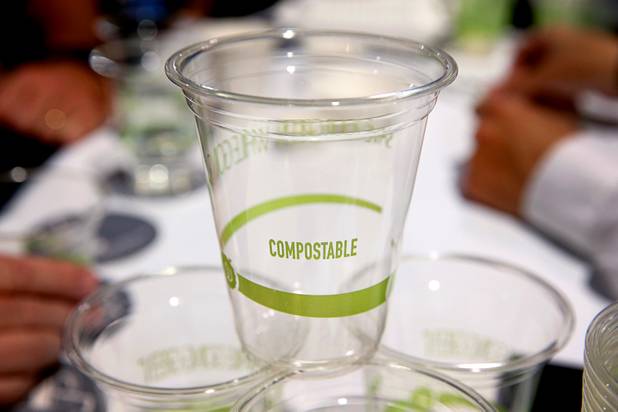 Walvis Eco biodegradable cups are displayed during the Nightclub & Bar Convention and Trade Show at the Las Vegas Convention Center Tuesday, March 26, 2019. The cups are make of corn starch.