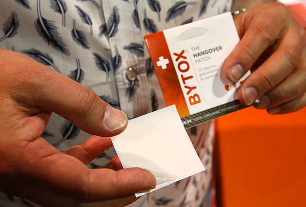 The Bytox Hangover Patch is displayed during the Nightclub & Bar Convention and Trade Show at the Las Vegas Convention Center Tuesday, March 26, 2019. The patch contains a blend of vitamins, nutrients, and antioxidants that may reduce effects of hangovers, a representative said.