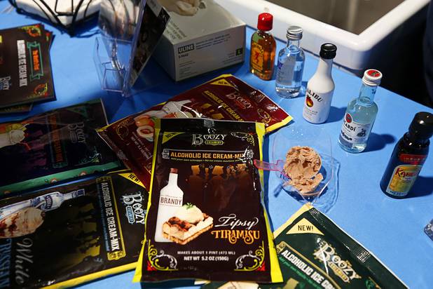 Alcoholic ice cream mix is displayed in the Boozy Creamery booth during the Nightclub & Bar Convention and Trade Show at the Las Vegas Convention Center Tuesday, March 26, 2019. The ice cream can be made with a standard kitchen mixer and your choice of alcohol, a company representative said.