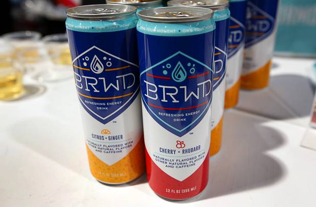 BRWD energy drinks are displayed during the Nightclub & Bar Convention and Trade Show at the Las Vegas Convention Center Tuesday, March 26, 2019. The drinks are available on Amazon and come in two flavors - Citrus+Ginger and Cherry+Rhubarb.