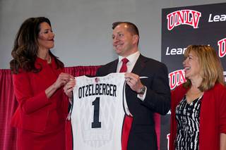 UNLV basketball coach T.J. Otzelberger is shown with athletic director Desiree Reed-Francois, left, and UNLV President Marta Meana at a news conference at the Thomas & Mack Center Thursday, March 28, 2019.