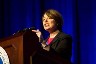 Minnesota Senator, and presidential hopeful, Amy Klobuchar speaks to union members at an International Association  of Machinists and Aerospace Workers conference at Paris Resort and Casino in Las Vegas, Monday April 8, 2019.