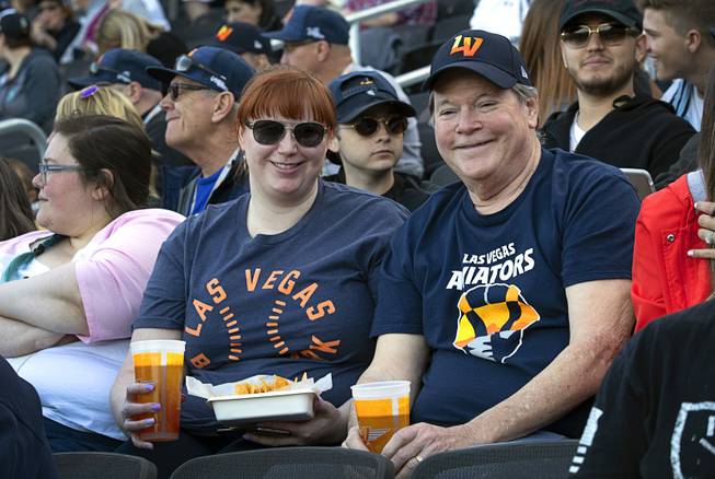Ken Webb and his daughter Becca Dadlaney wait for the start of the game during the opening of the Las Vegas Ballpark in Summerlin Tuesday, April 9, 2019. Webb went to the first and last game at Cashman Field.