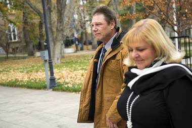 Fred Steese and his lawyer, Lisa Rasmussen, are shown outside the Nevada Supreme Court in Carson City after Steese’s successful pardon hearing on Nov. 8, 2017. 