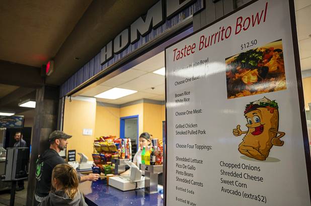 A Tastee Burrito Bowl is among the food items offered at "Home Plate" during a Las Vegas Lights FC game at Cashman Field Saturday, April 13, 2019.