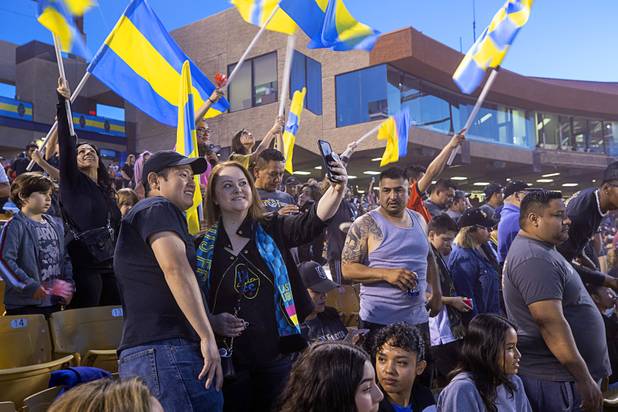 Las Vegas Lights FC fans take a selfie during a game against the Tacoma Defiance at Cashman Field Saturday, April 13, 2019. The Lights shut out the Defiance 5-0.