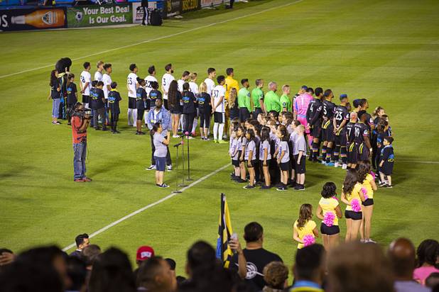 Students from Ernest May Elementary School perform the national anthem during a game between the Las Vegas Lights FC and the Tacoma Defiance at Cashman Field Saturday, April 13, 2019. The Lights shut out the Defiance 5-0.