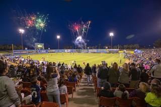 Fireworks explode at the start of a game between the Las Vegas Lights FC and the Tacoma Defiance at Cashman Field Saturday, April 13, 2019. The Lights shut out the Defiance 5-0.