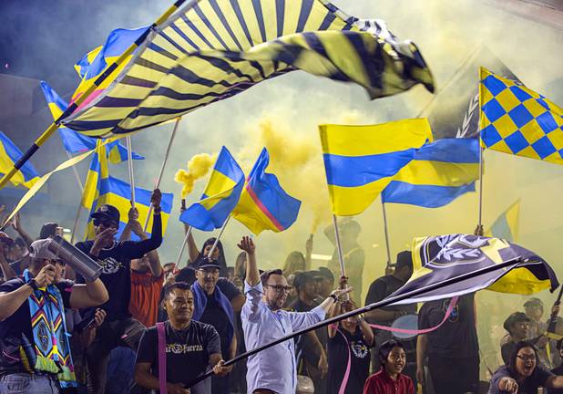 Las Vegas Lights FC fans celebrate a goal during a game against the  Tacoma Defiance at Cashman Field Saturday, April 13, 2019. The Lights shut out the Defiance 5-0.