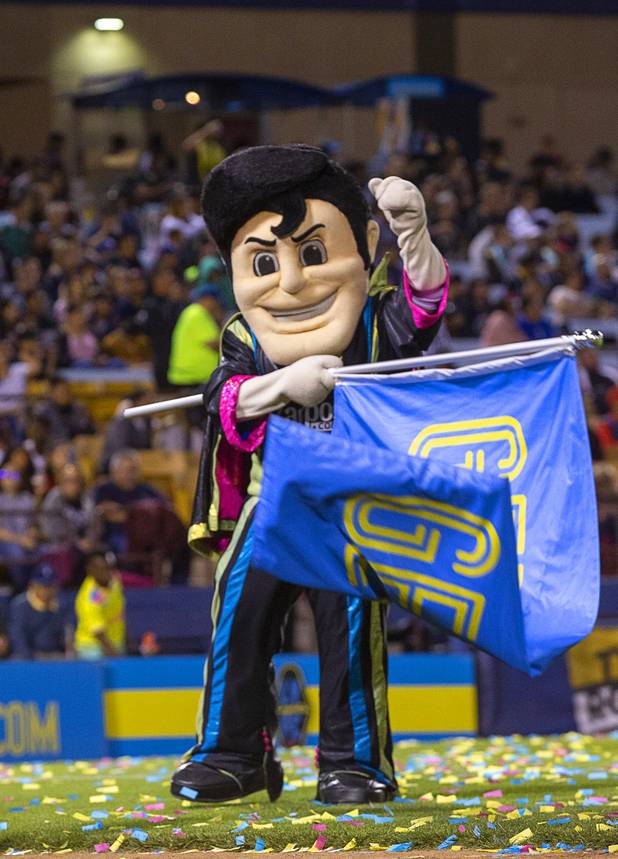 Las Vegas Lights FC mascot Cash performs during a game against the  Tacoma Defiance at Cashman Field Saturday, April 13, 2019. The Lights shut out the Defiance 5-0.