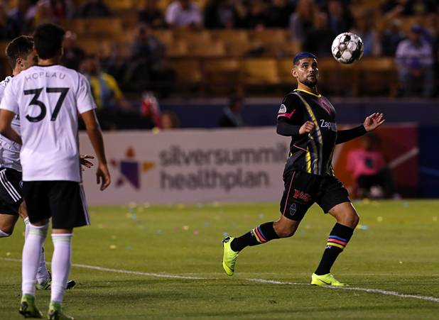 Las Vegas Lights' Irvin Parra (11) controls the ball during a game against the Tacoma Defiance at Cashman Field Saturday, April 13, 2019. The Lights shut out the Defiance 5-0.