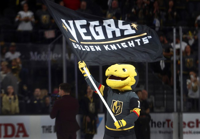 Vegas Golden Knights' mascot Chance celebrates the Golden Knight's 6-3 ...